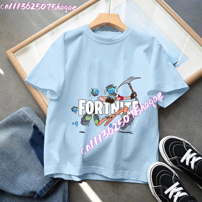 T-shirt azul de algodão Fortnite para criança, camisola de manga curta Fortress Night para bebé, top kawaii com desenho animado para menino e menina, roupa de verão, prenda