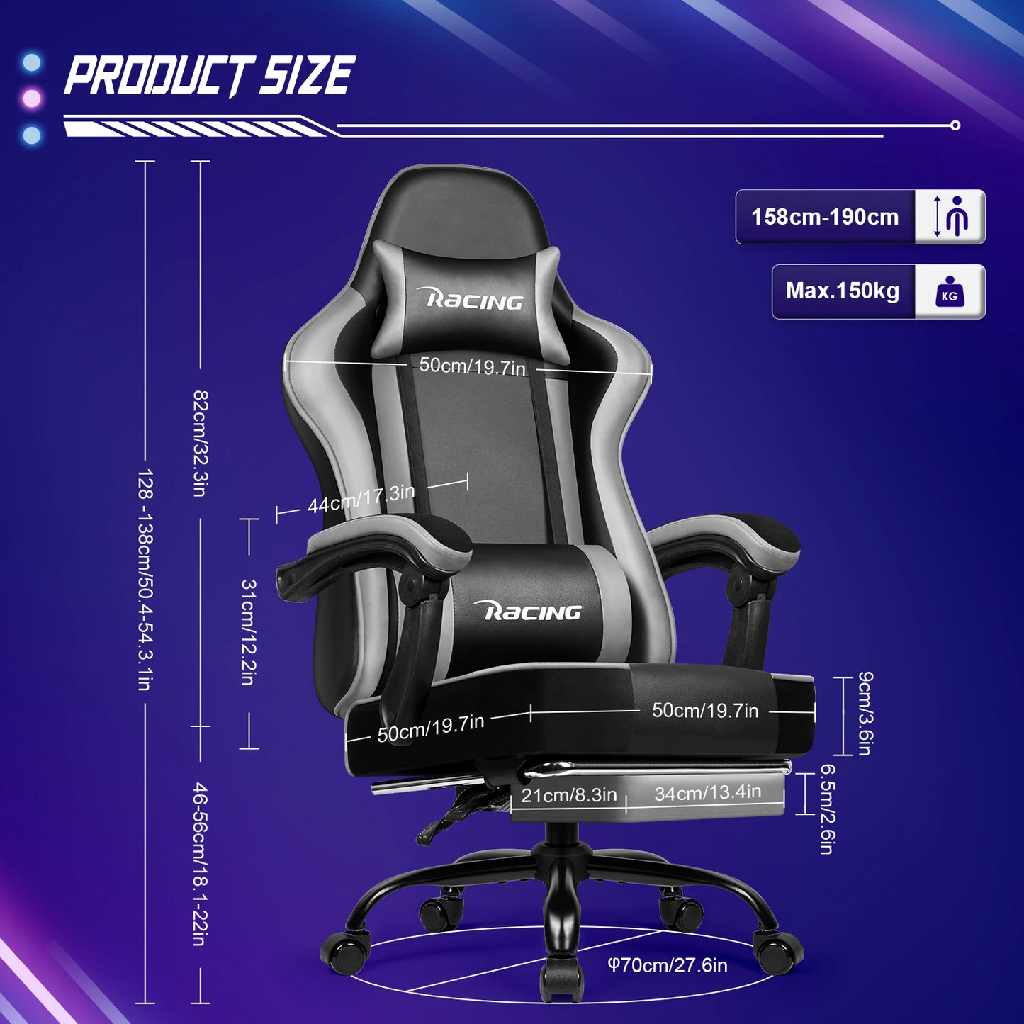 AUTHMIC Ergonomic Gaming Chair with 170° Reclining Backrest, Footrest, Adjustable Armrests, Breathable Fabric, Premium Gamer Chair