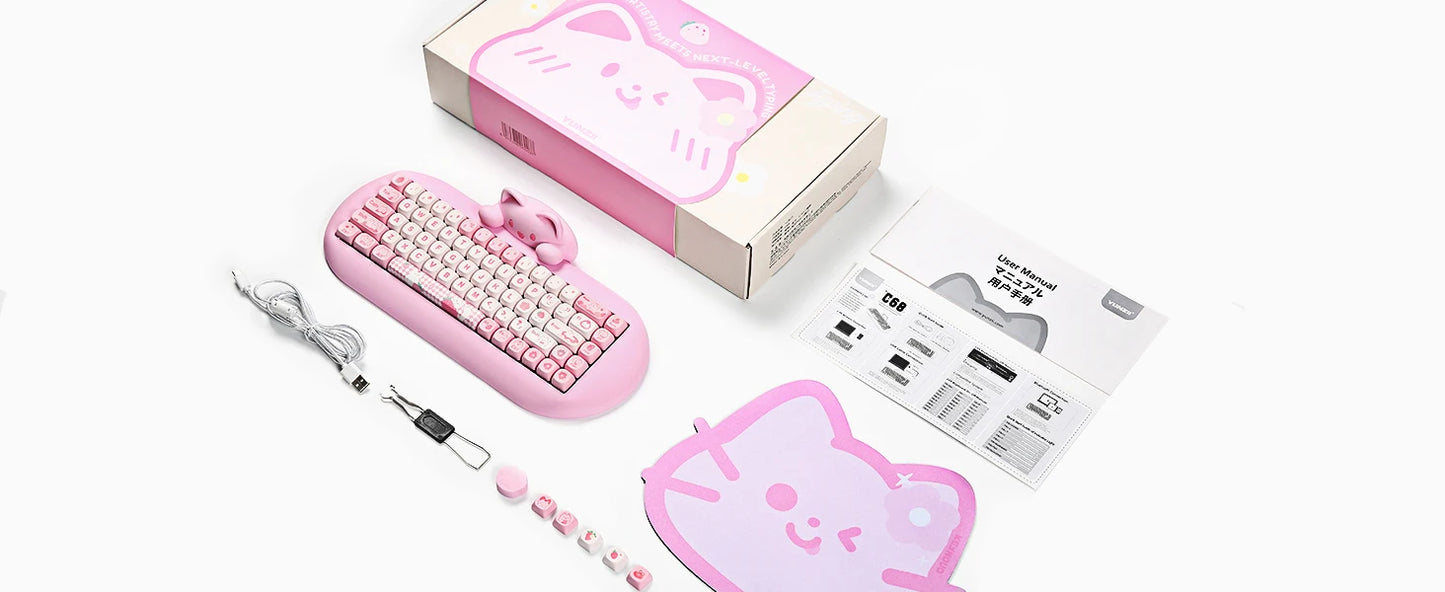 YUNZII C68 Pink 65% Hi-Fi Cute Cat Silicone Hot Swap NKRO Ergonomic Wireless BT5.0/2.4G/Wired RGB Mechanical Gaming Keyboard