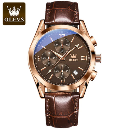 Vyriškas chronografinis rankinis laikrodis „OLEVS 2872“ – odinis dirželis, atsparus vandeniui, šviečiantys rodyklės, kvarcinis mechanizmas, prabangus sportinis stilius