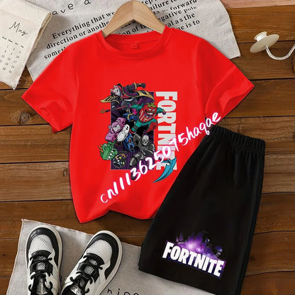 Completo estivo Fortnite con T-shirt e shorts per bambini e bambine, set 2 pezzi, abbigliamento bambino con top, T-shirt e pantaloncini, stampa Fortress Night, idea regalo