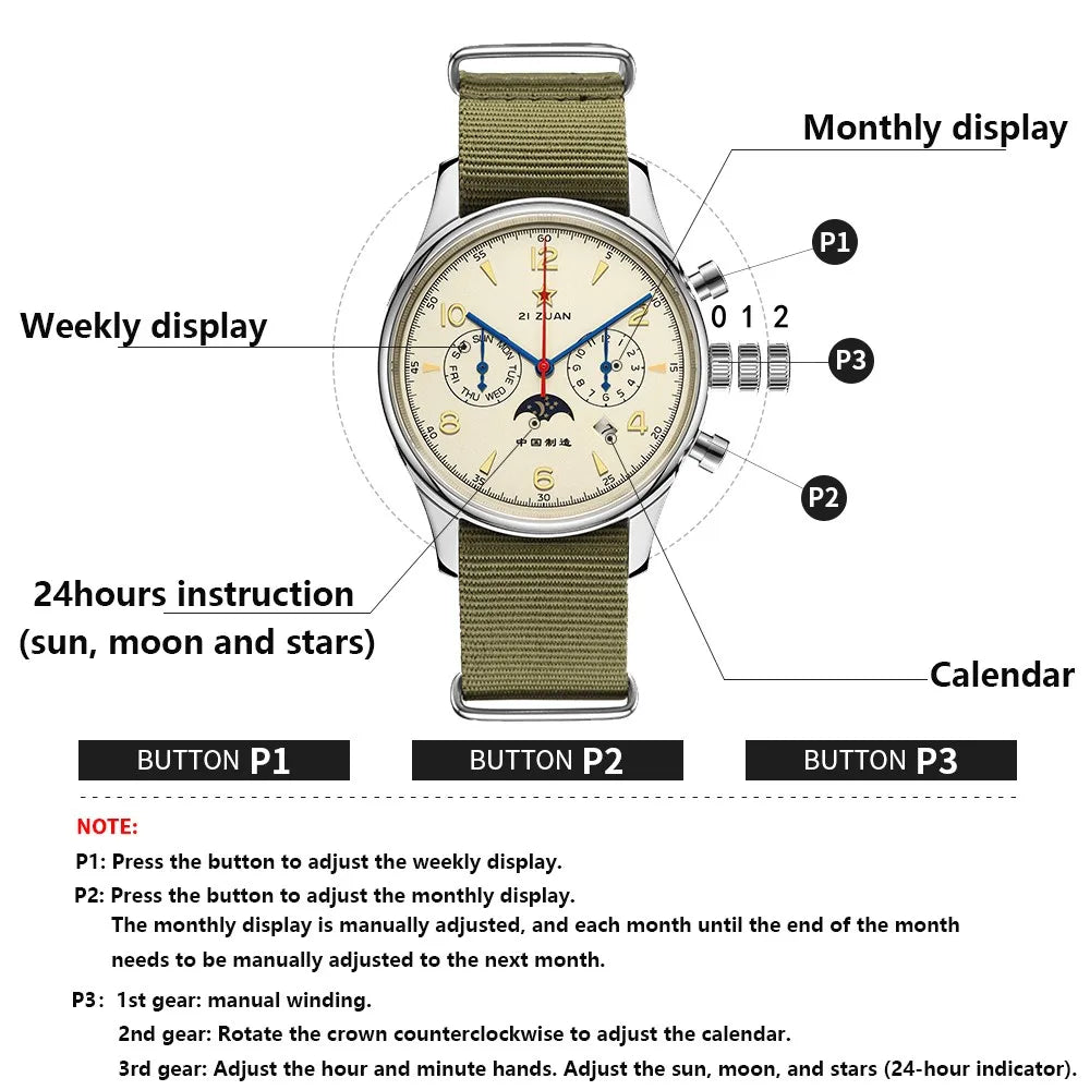 SEAKOSS Automatic Mechanical Wristwatch 1963 with Seagull ST1654 Movement 24H-Hour Display Air Force Pilot Calendar Men's Watches