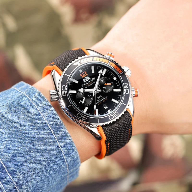 PAULAREIS P Reloj mecánico automático de lujo para hombre, cuerda automática, correa de caucho, resistente al agua, luminoso, con fecha, reloj de moda para hombre