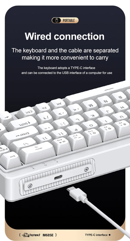 FREEWOLF M68SE Tastatur mit mechanischem Tippgefühl, 68 Tasten, Mini, kabelgebunden, kompakt und leise, für Laptops, Gaming und Bürogebrauch