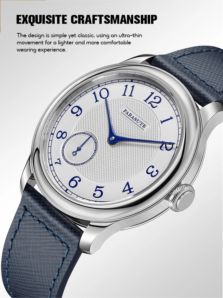 Relógio masculino FARASUTE NEW Machinery com mostrador salmão, movimento mecânico manual ST17, pequeno segundeiro e bracelete Bonklip vintage