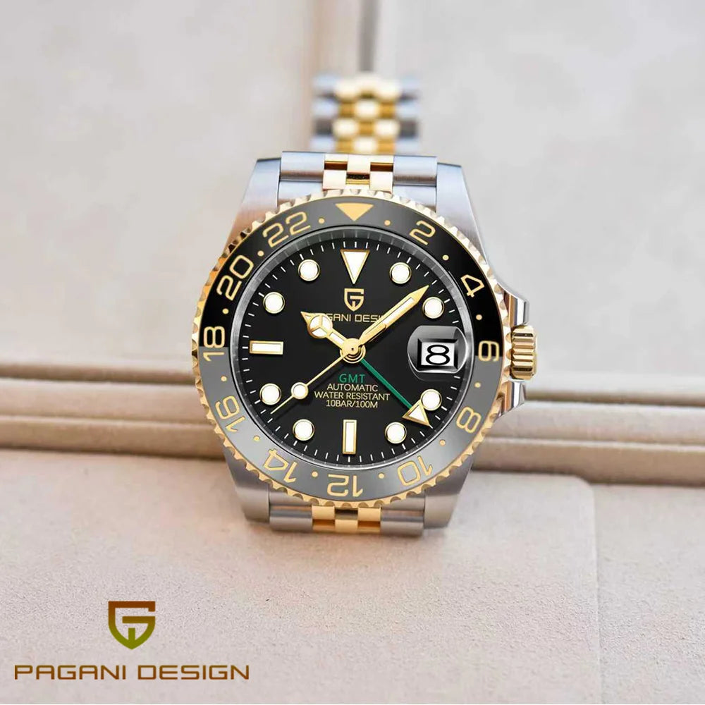 Mechanisch herenhorloge Pagani Design GMT – Luxemodel met saffierglas, roestvrijstalen kast en keramische lunette – Automatisch herenhorloge, zakelijke stijl