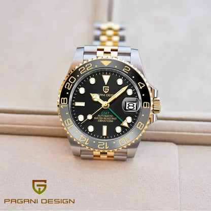 Mechanisch herenhorloge Pagani Design GMT – Luxemodel met saffierglas, roestvrijstalen kast en keramische lunette – Automatisch herenhorloge, zakelijke stijl