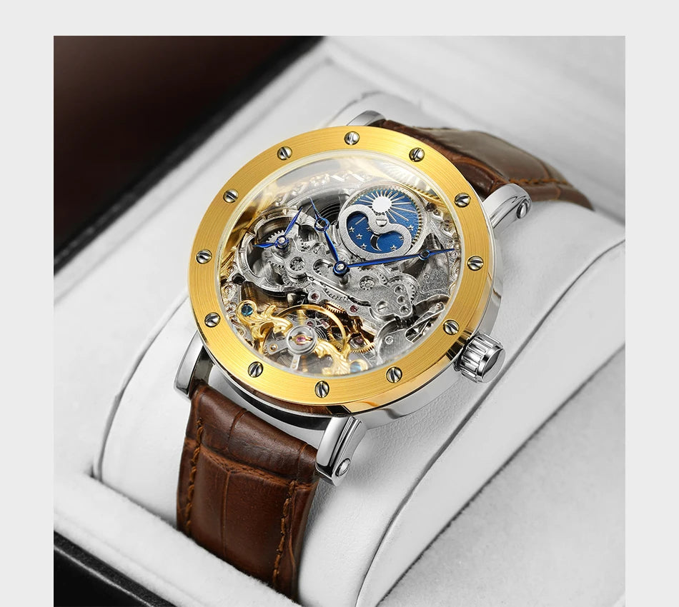SKROX automatisch mechanisch polshorloge voor heren, skeletmodel met GMT-functie, maanfase en tourbillon – Elegant en origineel luxe horloge uit het topsegment.
