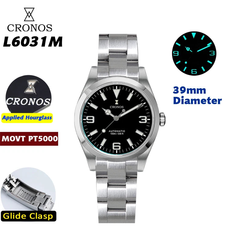 Cronos EX Diver Mechanical Men Watch 39mm Automatic PT5000 Sapphire Glass Bushed Bracelet Glide Clasp 10ATM L6031