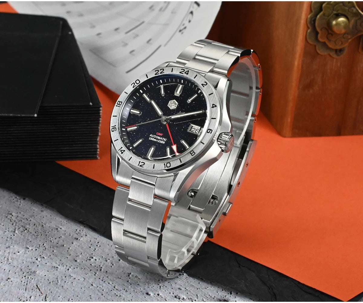 Relógio de Luxo para Homem San Martin 39mm com Mostrador em Pedra Aventurina, NH34 GMT Automático Mecânico, Safira, Impermeável e Luminescente SN0129