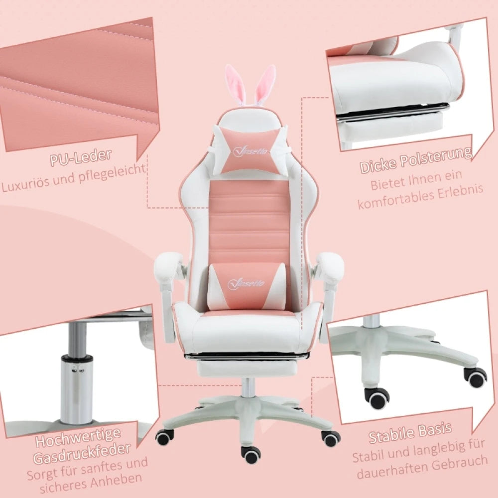 Ergonomic Gaming Chair, Reclinable Gamer Chair 135 ° , Footrest, Lumbar Cushion and Headrest, Adjustable Height, Pink
