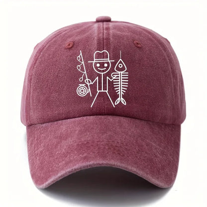 Printed cartoon man fishing baseball cap, outdoor curved brim cap, truck driver cap, vacation travel camping