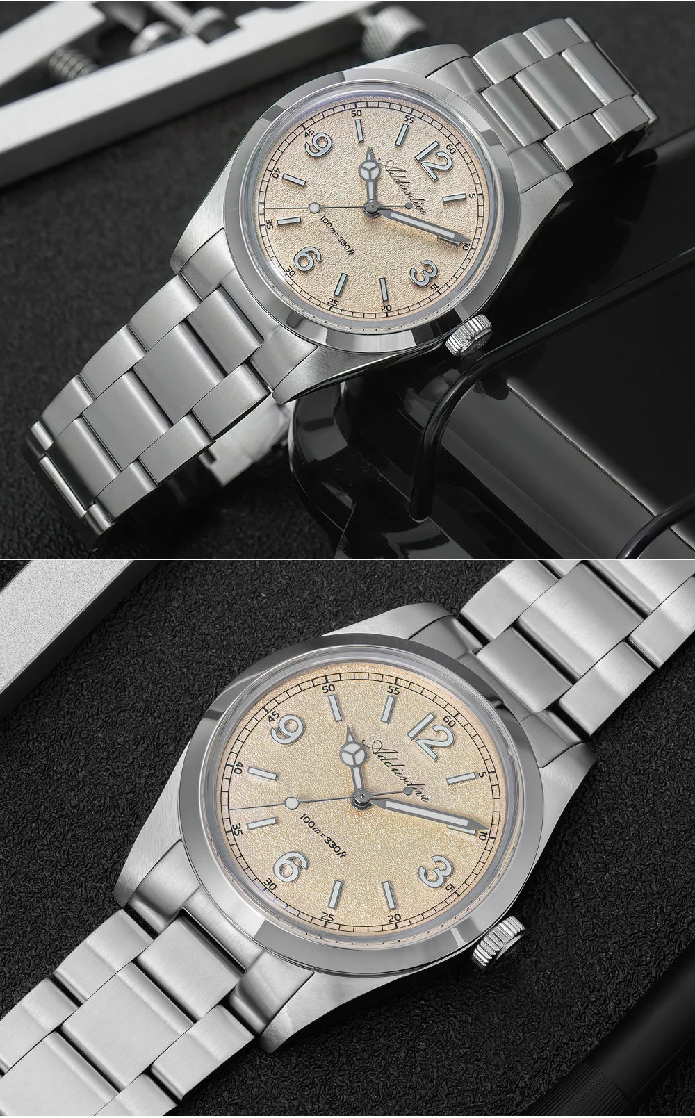Relógio para homem ADDIESDIVE 36mm em destaque AD2518 com vidro espelhado convexo, aço inoxidável 316L, Reloj Hombre, 100m à prova de água, quartzo