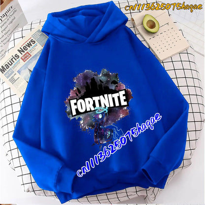Hoodies infantis Fortnite com estampado do jogo, fato confortável de desenho animado, tops largos de manga comprida, roupa de outono/inverno