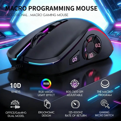 Kabelgebundene Gaming-Office-Maus 7200DPI mit RGB-Hintergrundbeleuchtung, 6 einstellbaren DPI-Stufen/10 programmierbaren Tasten/Zurück-zum-Desktop-Taste