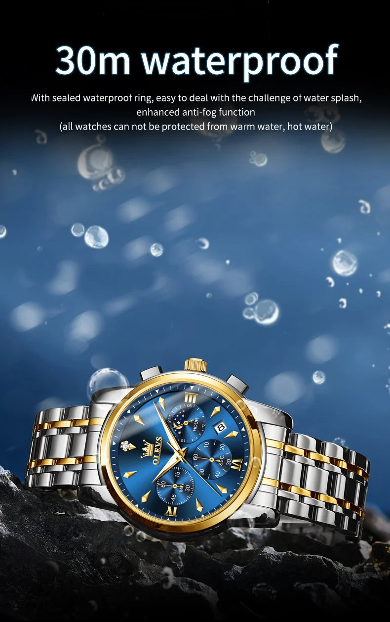OLEVS 3639 Top Brand Original Luxury New Quartz Watch Stainless Steel Watch For Men Waterproof Luminous Moon Phase Mens Watch