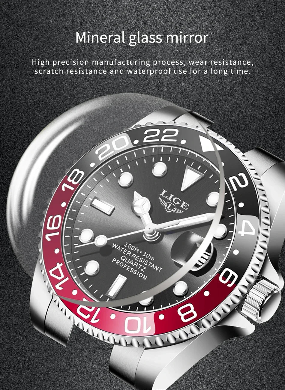 LIGE Men’s Luxury Quartz Watch  Stainless Steel, Luminous Dial, Waterproof & Business Design