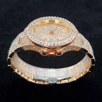 Luxury Diamond Watch for Men Fashion Bling Iced Out Day Date Watches Hip Hop Golden Stainless Steel Quartz Man Clock Hot Sale