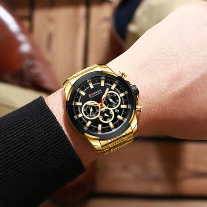 CURREN férfi kronográf óra, 48 mm-es nagy számlap, rozsdamentes acél karkötő, három kis számlap, kvarc sportkaróra, luxus stílus