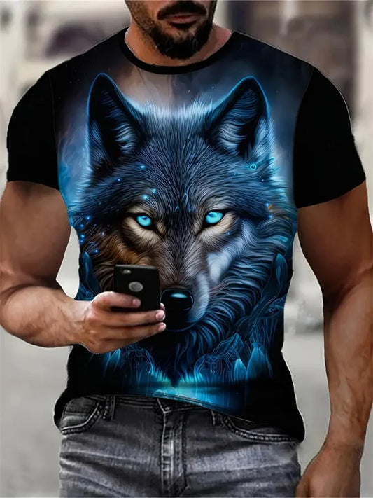 T-shirt da uomo con stampa 3D lupo, girocollo casual, maniche corte, tessuto traspirante e confortevole, abbigliamento streetwear outdoor da uomo