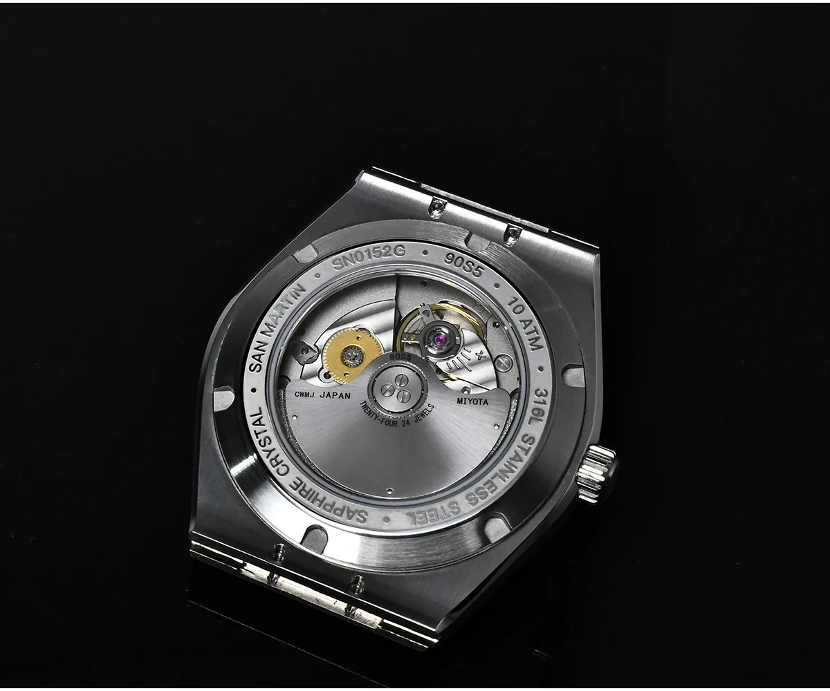 San Martin 39mm Luxury Men Sports Watch Waffle Dial Integrated Bracelet Miyota 90S5 Automatic Mechanical Clear Caseback SN0152
