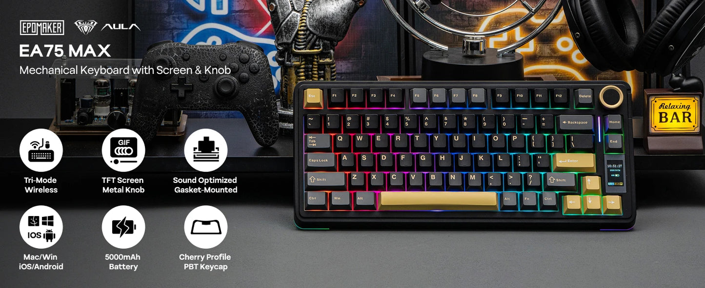 Teclado Mecânico Sem Fios EPOMAKER X AULA EA75 MAX 75% Layout ANSI US Hot-Swap Gasket com Fios/BT/2.4GHz com Ecrã e Botão Rotativo