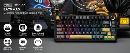 Teclado Mecânico Sem Fios EPOMAKER X AULA EA75 MAX 75% Layout ANSI US Hot-Swap Gasket com Fios/BT/2.4GHz com Ecrã e Botão Rotativo