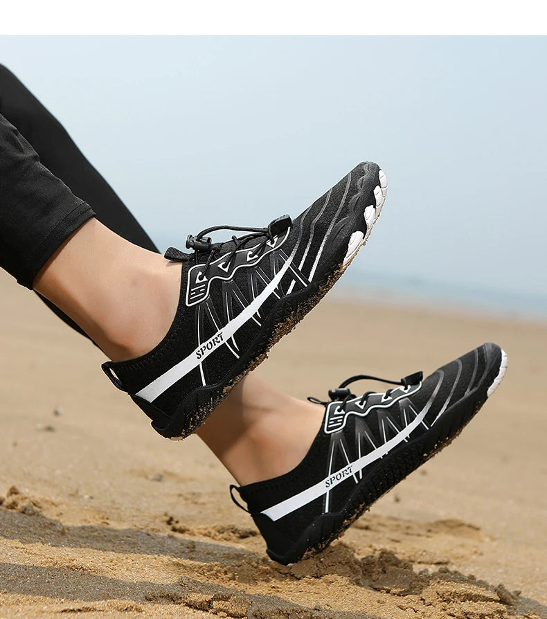 Novos sapatos aquáticos 2025 barefoot para praia e desporto, sapatos de natação antiderrapantes de alta qualidade, sapatos desportivos casuais de cinco dedos unissexo