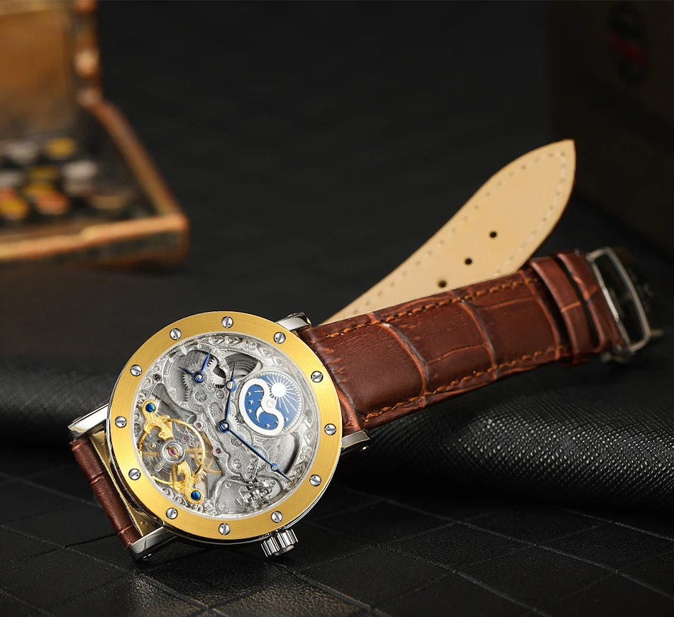 SKROX automatisch mechanisch polshorloge voor heren, skeletmodel met GMT-functie, maanfase en tourbillon – Elegant en origineel luxe horloge uit het topsegment.