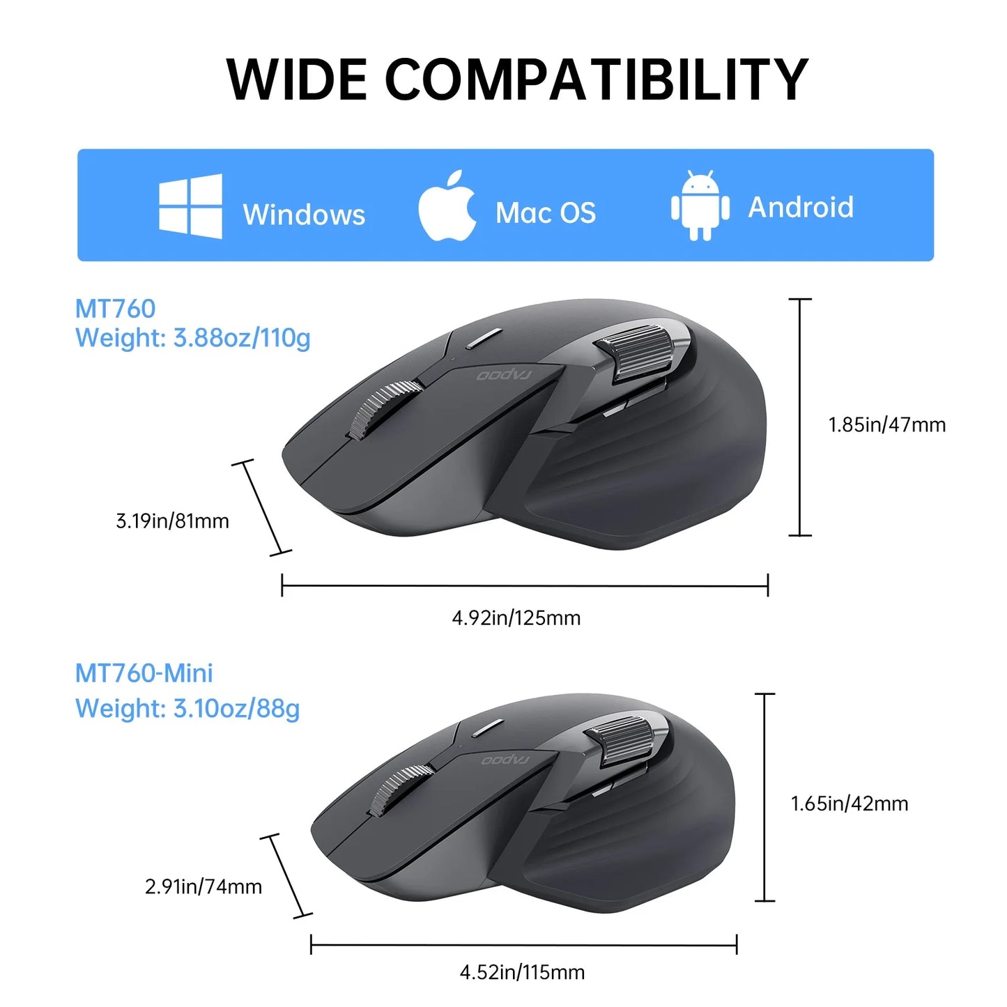Rato Sem Fios Recarregável Multimodo Rapoo MT760L/MT760M, Ergonómico, 4000 DPI, Suporte para Até 4 Dispositivos, Rato Bluetooth