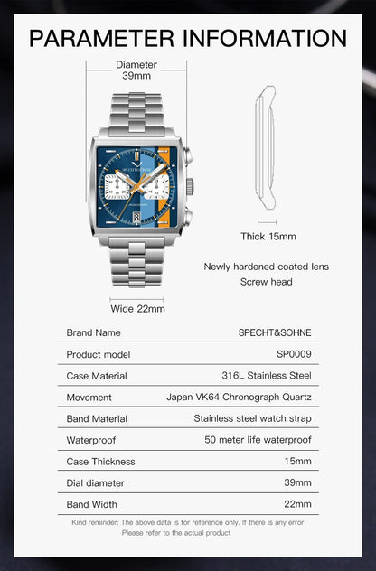 2024 Specht & Sohne New Classic Men's Quartz Watch Blue Color Stainless Steel Japan VK63 Movt Genuine Leather Montre Homme 39MM