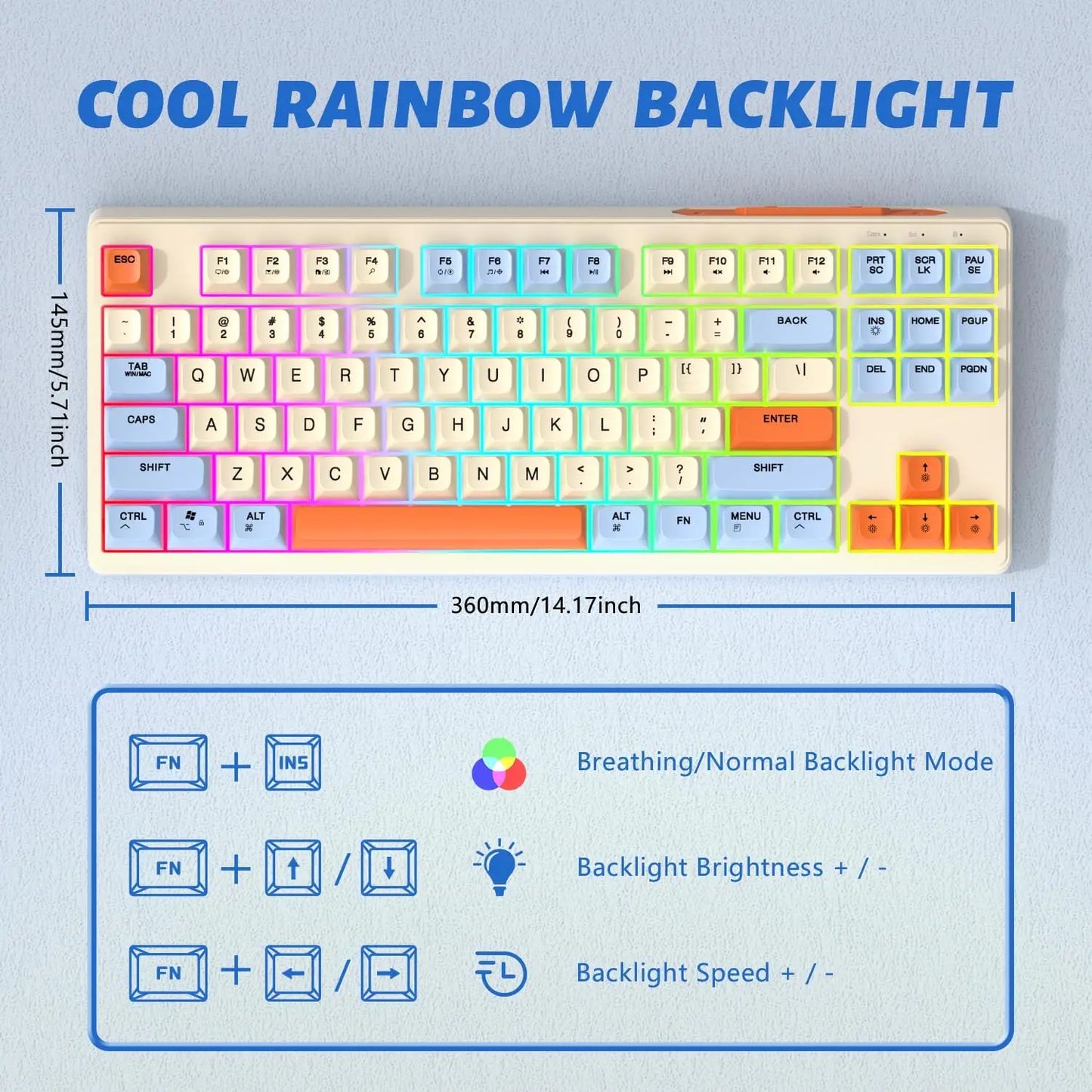 Tastiera gaming wireless Free Wolf M87 75% - Switch silenziosi, retroilluminazione Rainbow, BT/2.4G, copritasti PBT sfumati, design compatto