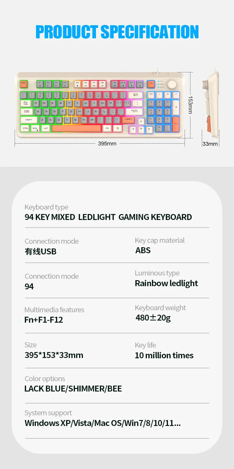 Teclado Gaming K81 com 81 Teclas, Layout 80%, Espanhol, Russo, Coreano e Árabe, USB com Fio, Luz RGB, Botão de Volume, Ergonómico