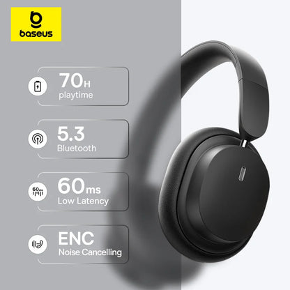 Cuffie over-ear wireless Bluetooth 5.3 Baseus – Driver HiFi da 40mm, autonomia di 70H, headset pieghevole con audio spaziale