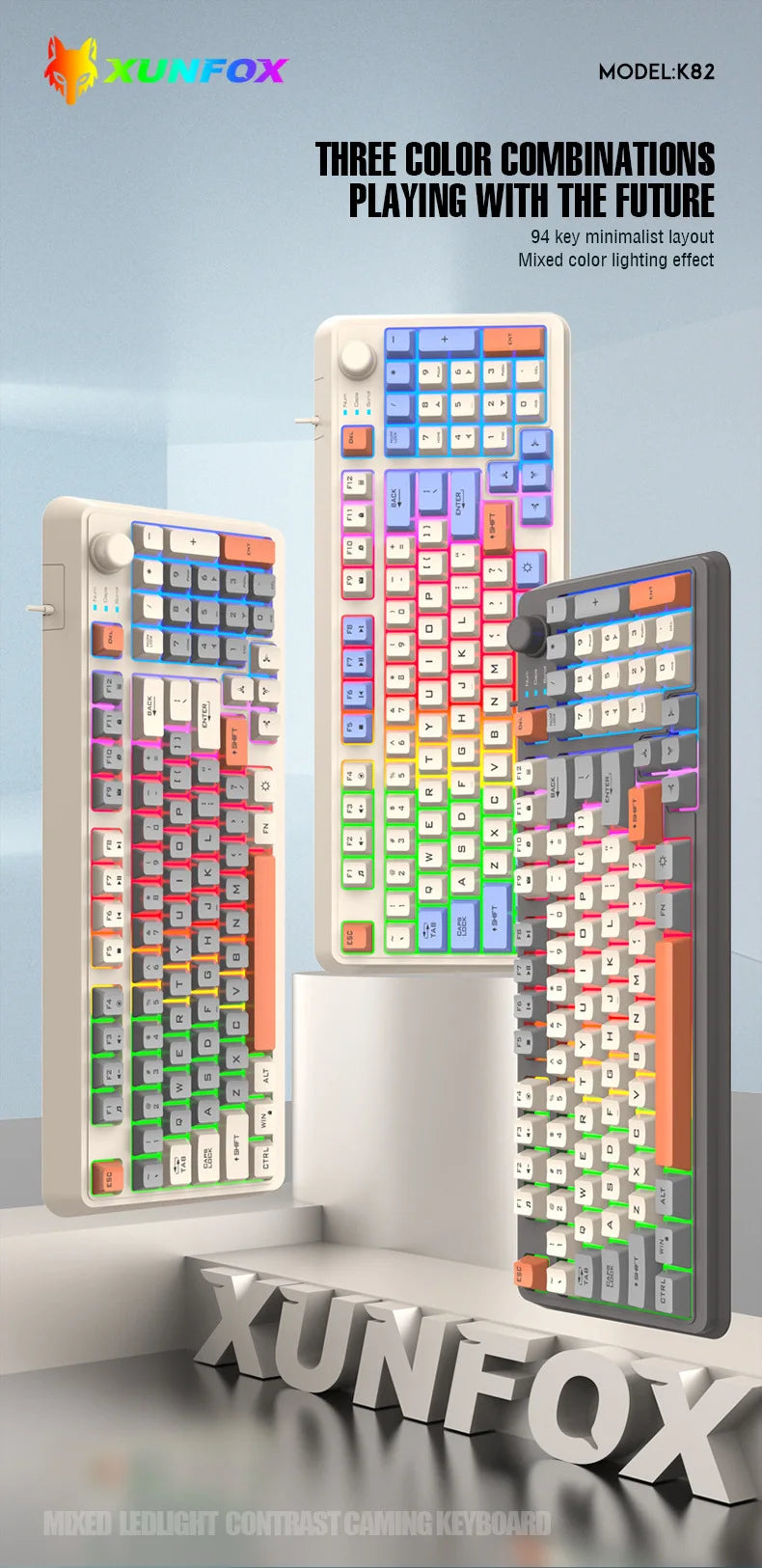 Teclado Gaming K81 com 81 Teclas, Layout 80%, Espanhol, Russo, Coreano e Árabe, USB com Fio, Luz RGB, Botão de Volume, Ergonómico