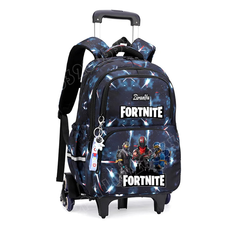 Mochila com Rodas Fortnite Anime, Impermeável, de Grande Capacidade, para Estudante — Saco Escolar Casual de Viagem com Carrinho e Subida Fácil de Escadas