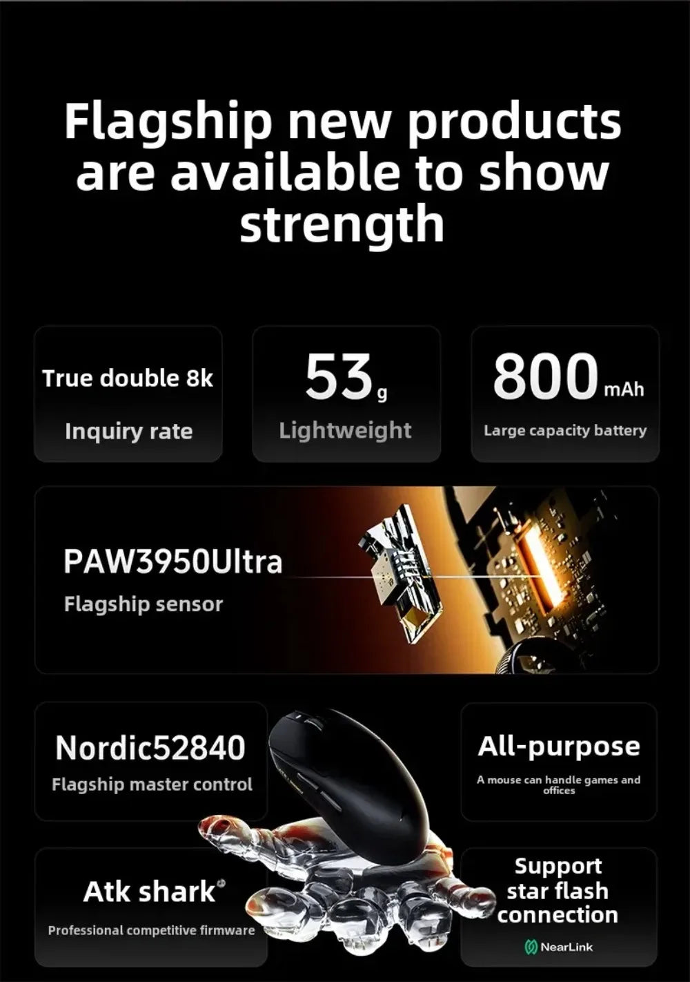 ATK Dragonfly A9 Wireless Bluetooth Mouse Gaming Ergonomic Design Fast Response PAW3950 Ultra 800mAh Lightweight 8KHz Esports