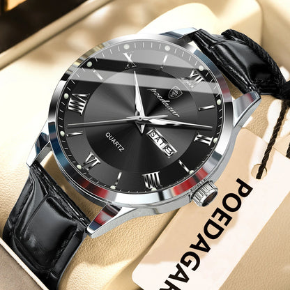 Montre homme tendance POEDAGAR, bracelet en cuir, date et semaine, montre à quartz de luxe, étanche, lumineuse, style business décontracté.