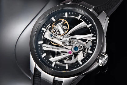 Zegarek męski PAGANI DESIGN – luksusowy model z mechanizmem automatycznym typu „skelet” (z widocznym mechanizmem), wyposażony w tourbillon, szkło szafirowe z powłoką antyrefleksyjną, wodoodporny i luminescencyjny.