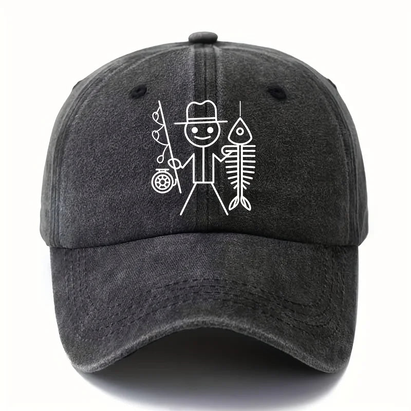Printed cartoon man fishing baseball cap, outdoor curved brim cap, truck driver cap, vacation travel camping