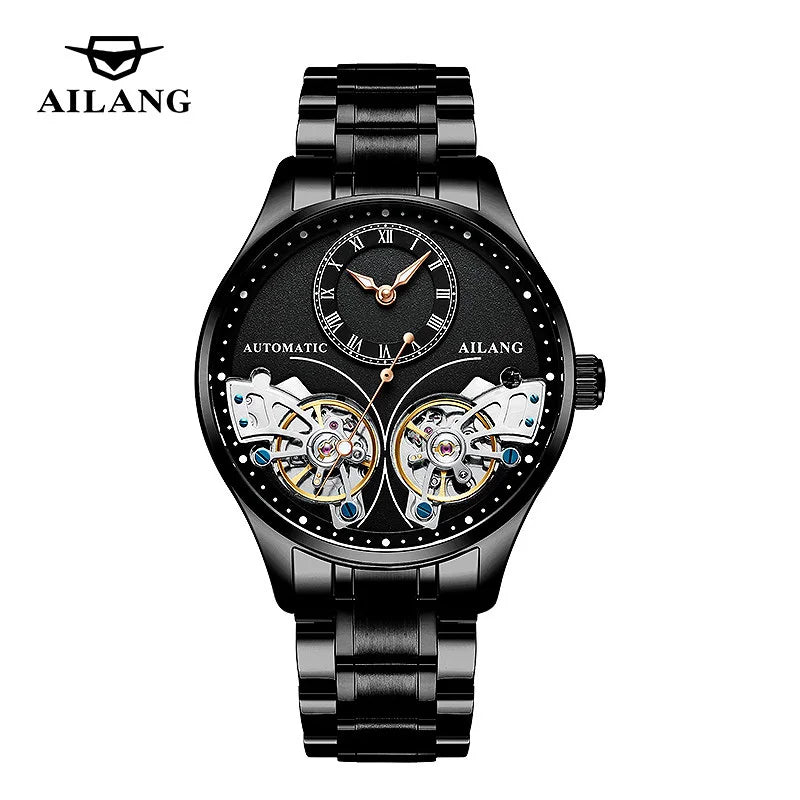 AILANG Brand New Fashion Double Tourbillon Watch for Men Luxury Stainless Steel Waterproof Automatic Mechanical Watches