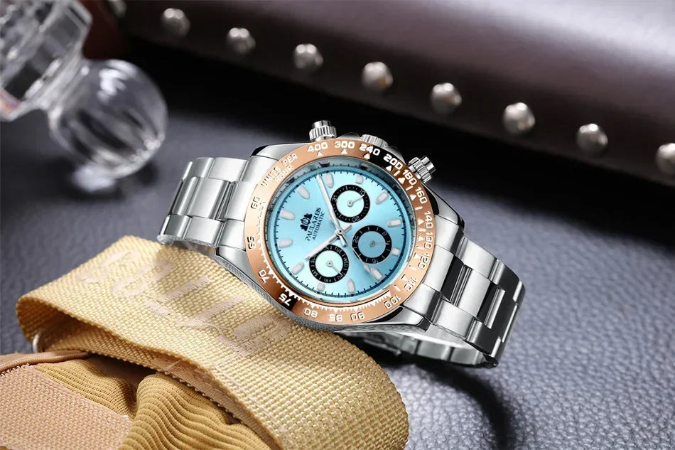 Automatic Watches for Men Mechanical Self Weind Gold Stainless Steel Glacier Ice Blue Chestnut Brown Bezel Reloj Hombre Baratos