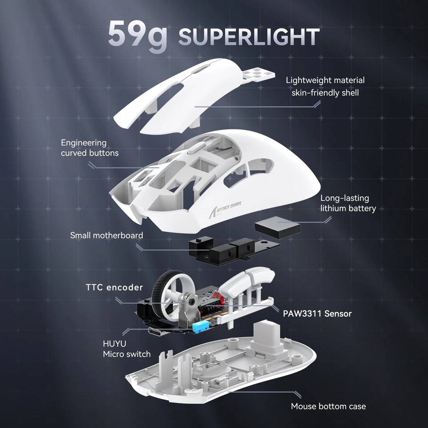 ATTACK SHARK R1 Tri-Mode-Gaming-Maus, PixArt PAW3311 Sensor, 18000 DPI, 1000hz, 59g ultraleicht für große Hände, für PC/Mac