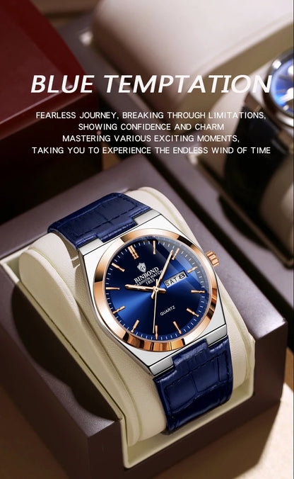 BINBOND Luxury leather strap quartz wristwatches precise luminous waterproof auto date week display durable men's watch reloj