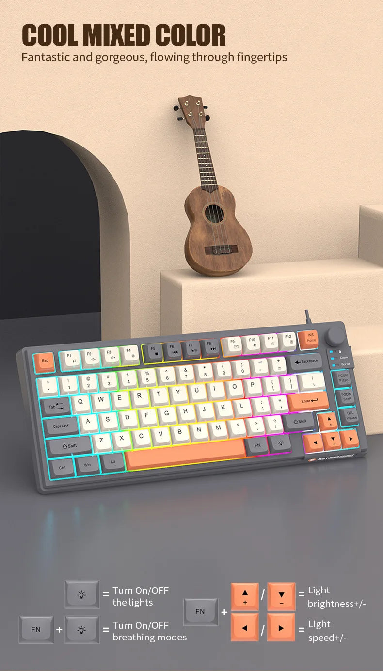 Teclado Gaming K81 com 81 Teclas, Layout 80%, Espanhol, Russo, Coreano e Árabe, USB com Fio, Luz RGB, Botão de Volume, Ergonómico