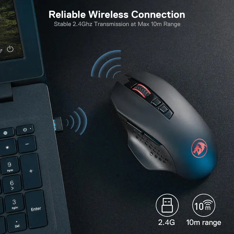 Ratón gaming inalámbrico Redragon M656 Gainer, 4000 DPI, ratón gamer inalámbrico 2.4Ghz con 5 niveles de DPI, 7 botones macro, retroiluminación LED roja