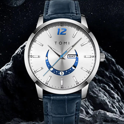 Reloj de cuarzo TOMI, de estilo elegante y profesional, con correa de piel, caja de aleación y esfera con agujas: diseño de alta gama, ideal como regalo para hombre.