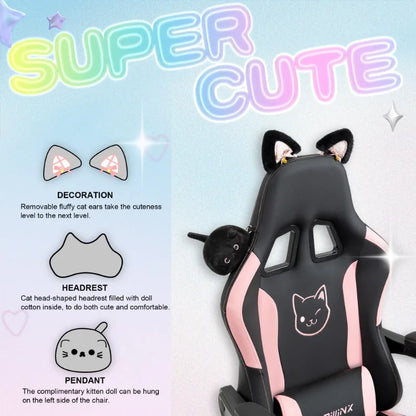 Cute Gaming Chair with Cat Ears Footrest Pink Kawaii Computer Chair Ergonomic High Back Gamer Seat with Cat Paw Lumbar Support