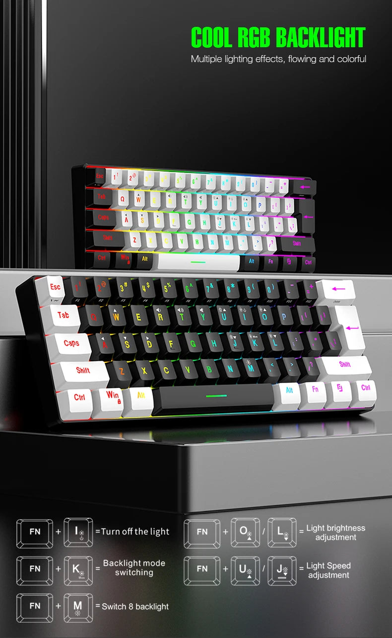 Wasserdichte mechanische 61-Tasten-Tastatur mit Kabel in Weiß, mit schwarzen und blauen Switches, RGB-beleuchtet – Gaming- und Office-Set, PUBG Gamer Backlit