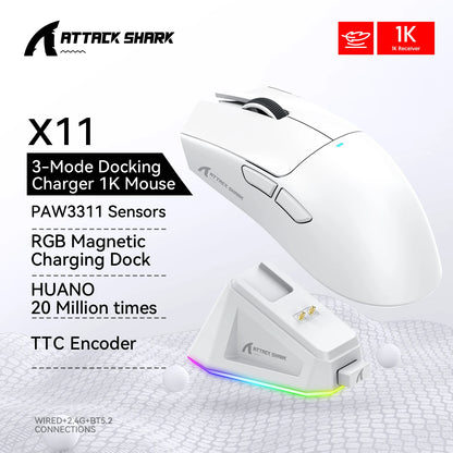 ATTACK SHARK X11 Gaming Mouse and X11 SE Wireless Mouse 22000 DPI, PAW3311 Sensor, BT/2.4G/Wired, 59g Lightweight, 2000W Clicks
